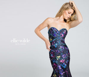 Ellie Wilde Floral Print Mermaid Grad Dress EW117007 Black Multi