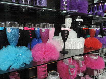 Black Glitter Tuxedo Wine Glass with Purple Bow Tie