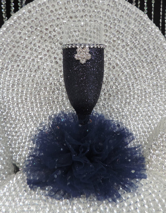 Navy Blue Glitter Wine Flute with Tulle Skirt