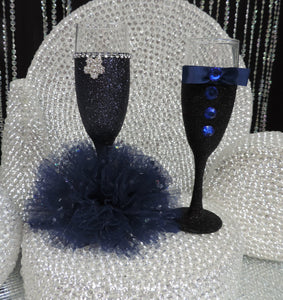 Navy Blue Glitter Wine Flute with Tulle Skirt