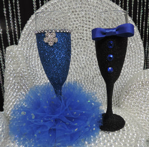 Royal Blue Glitter Wine Flute with Tulle Skirt