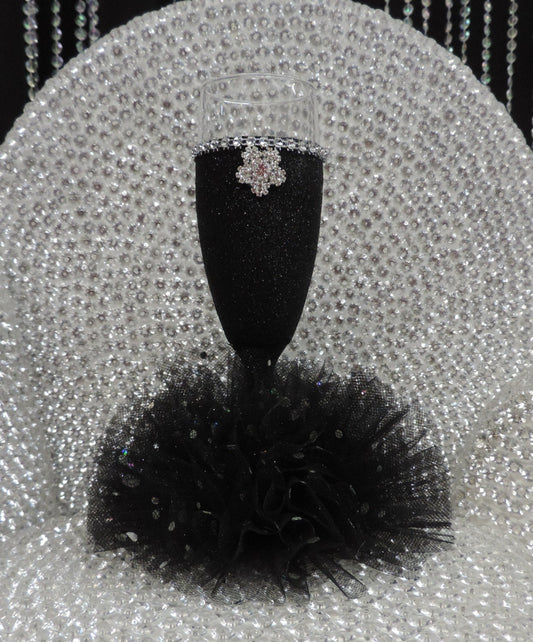 Black Glitter Wine Flute with Tulle Skirt