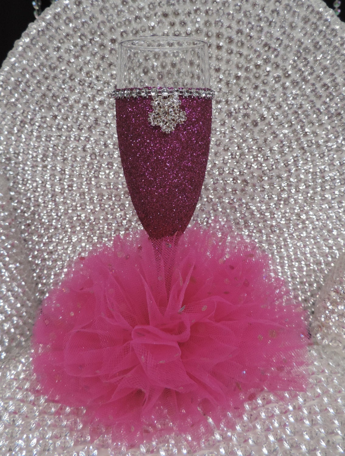 Fuchsia Glitter Wine Flute with Tulle Skirt