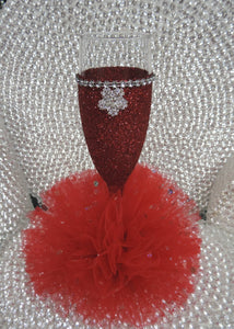 Red Glitter Wine Flute with Tulle Skirt