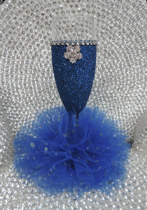Royal Blue Glitter Wine Flute with Tulle Skirt