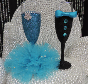 Black Glitter Tuxedo Wine Glass with Turquoise Shimmer Bow Tie