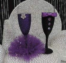 Load image into Gallery viewer, Black Glitter Tuxedo Wine Glass with Purple Bow Tie