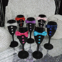 Load image into Gallery viewer, Black Glitter Tuxedo Wine/Champagne Flute Glass with Orange Bow Tie
