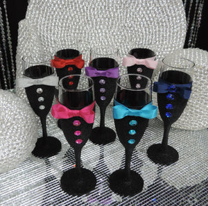 Black Glitter Tuxedo Wine Flute Glass with Pink Shimmer Bow Tie