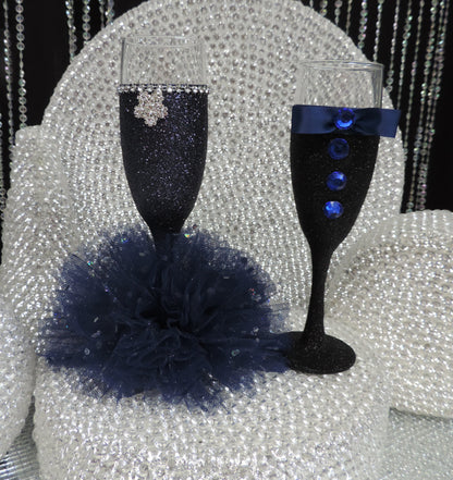 Black Glitter Tuxedo Wine Glass with Navy Bow Tie