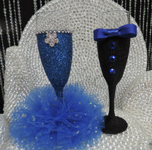 Load image into Gallery viewer, Black Glitter Tuxedo Wine Glass with Royal Blue Bow Tie