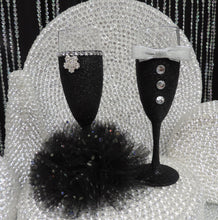 Load image into Gallery viewer, Black Glitter Tuxedo Wine Glass with Silver Bow Tie