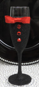 Black Glitter Tuxedo Wine/Champagne Flute Glass with Red  Bow Tie