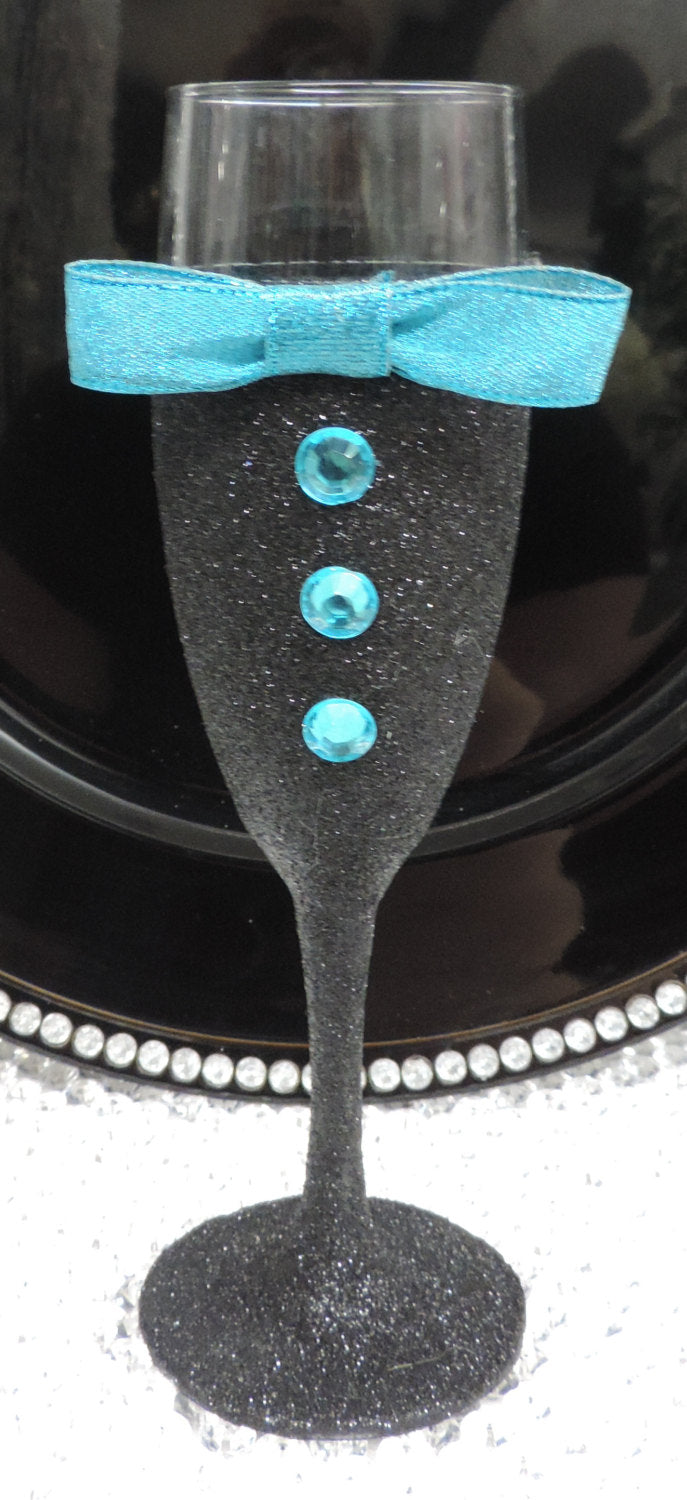 Black Glitter Tuxedo Wine Glass with Turquoise Shimmer Bow Tie