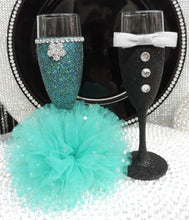 Load image into Gallery viewer, Teal Glitter Wine Flute with Tulle Skirt