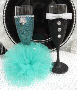 Teal Glitter Wine Flute with Tulle Skirt