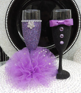 Purple Multi Glitter Wine Flute with Tulle Skirt