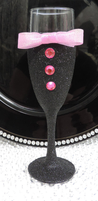 Black Glitter Tuxedo Wine Flute Glass with Pink Shimmer Bow Tie