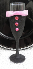 Load image into Gallery viewer, Black Glitter Tuxedo Wine Flute Glass with Pink Shimmer Bow Tie