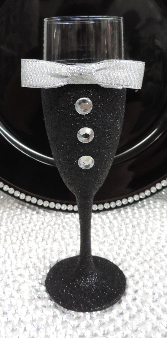 Black Glitter Tuxedo Wine Glass with Silver Bow Tie