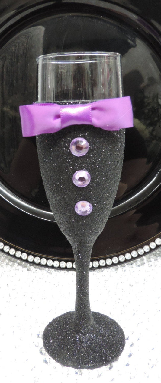 Black Glitter Tuxedo Wine Glass with Purple Bow Tie