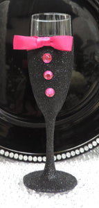 Black Glitter Tuxedo Wine Glass with Fuchsia Bow Tie