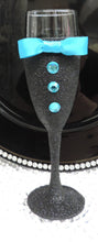 Load image into Gallery viewer, Black Glitter Tuxedo Wine Glass with Turquoise Bow Tie