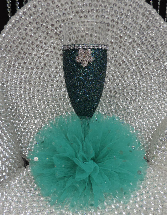 Teal Glitter Wine Flute with Tulle Skirt