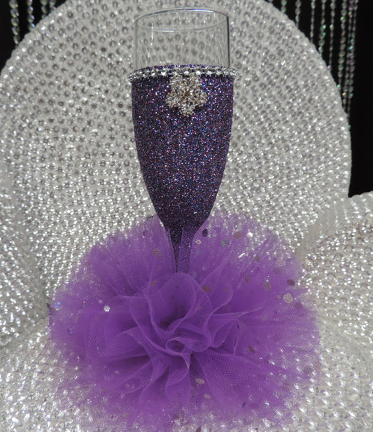 Purple Multi Glitter Wine Flute with Tulle Skirt