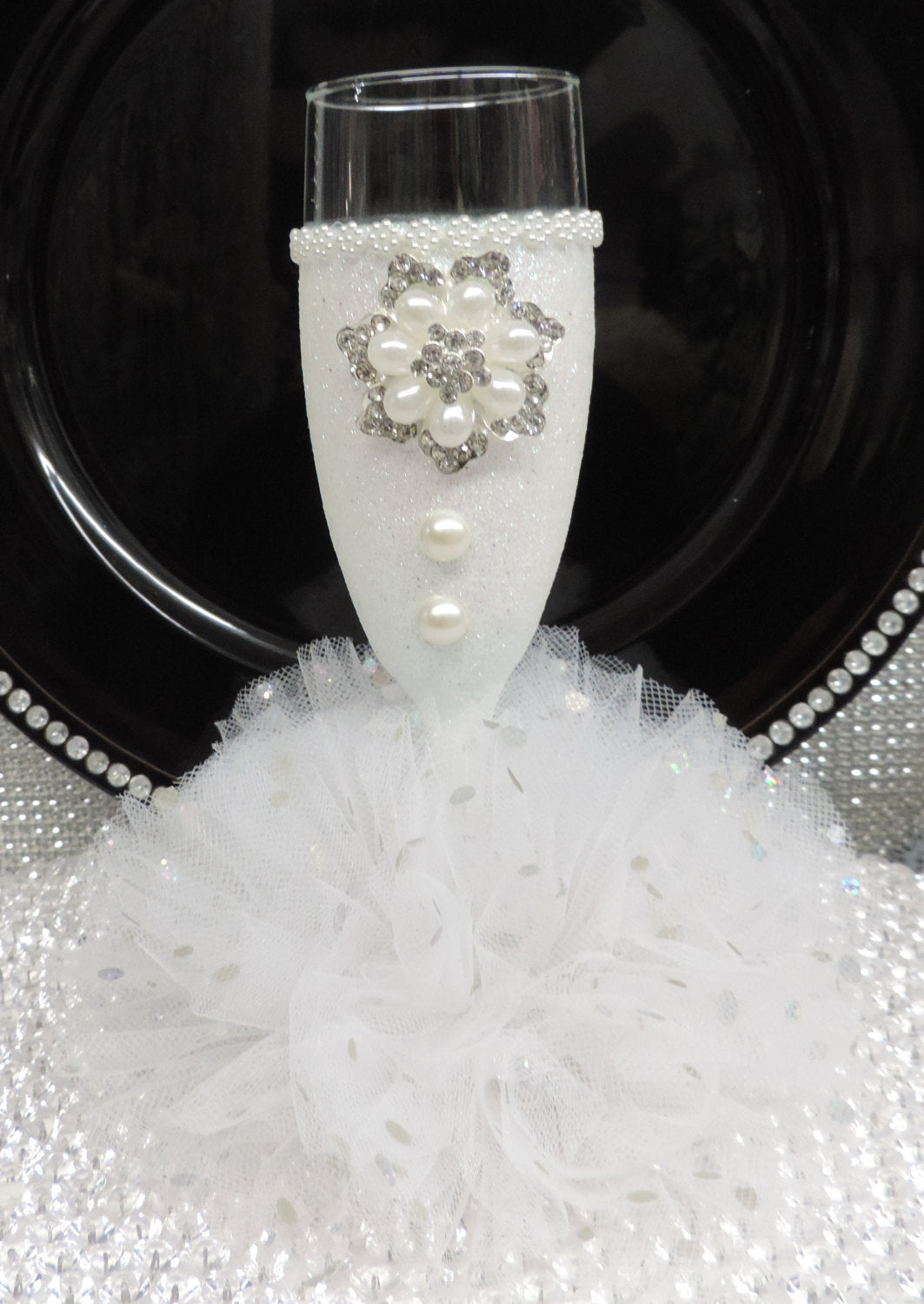 Iridescent Glitter Bridal Dress Wine Flute with Tulle Skirt