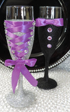 Load image into Gallery viewer, Corset Wine Glass - Silver Glitter with Purple Lace Up
