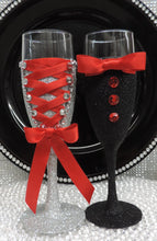 Load image into Gallery viewer, Corset Wine Glass - Silver Glitter with Red Lace Up