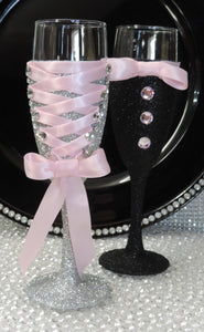 Corset Wine Glass - Silver Glitter with Pink Lace Up