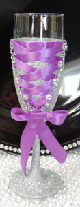 Corset Wine Glass - Silver Glitter with Purple Lace Up