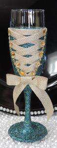 Corset Wine Flute Glass - Teal Glitter with Gold Lace Up