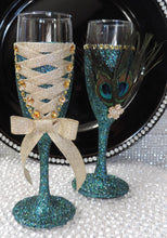Load image into Gallery viewer, Corset Wine Flute Glass - Teal Glitter with Gold Lace Up