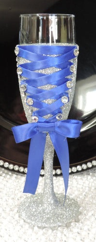 Corset Wine Glass - Silver Glitter with Royal Blue Lace Up