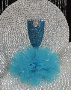 Turquoise Glitter Wine Flute with Tulle Skirt