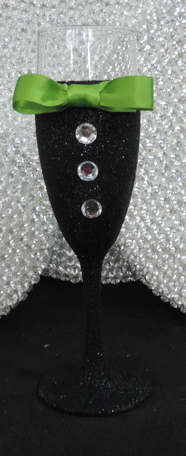 Black Glitter Tuxedo Wine Glass with Lime Bow Tie