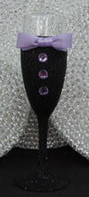 Load image into Gallery viewer, Black Glitter Tuxedo Wine Glass with Lavender Bow Tie