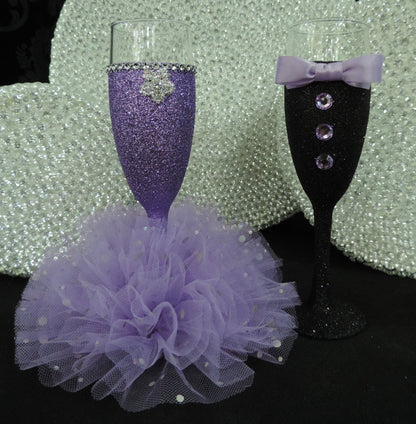 Black Glitter Tuxedo Wine Glass with Lavender Bow Tie