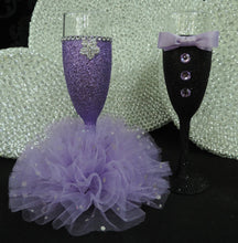 Load image into Gallery viewer, Black Glitter Tuxedo Wine Glass with Lavender Bow Tie