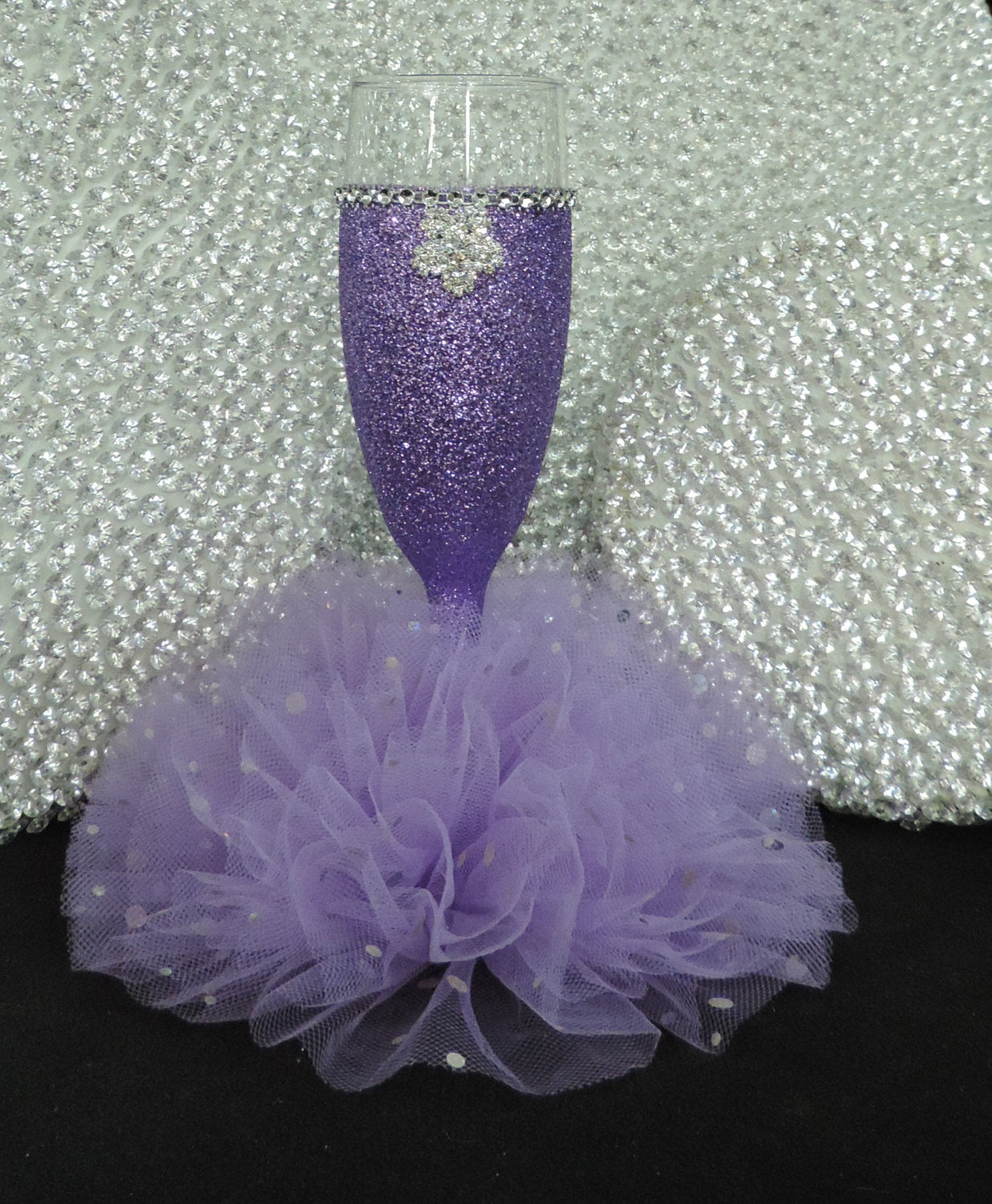 Lavender Glitter Wine Flute with Tulle Skirt