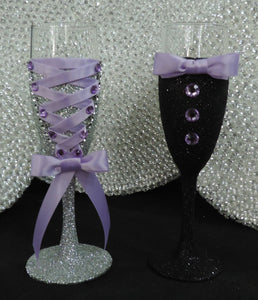 Black Glitter Tuxedo Wine Glass with Lavender Bow Tie