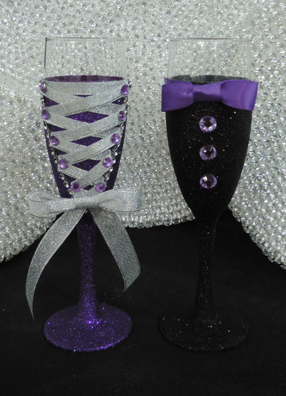 Corset Wine Glass - Purple Glitter with Silver Lace Up