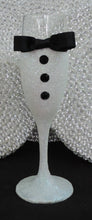 Load image into Gallery viewer, White Iridescent Glitter Tuxedo Wine Glass with Black Bow Tie