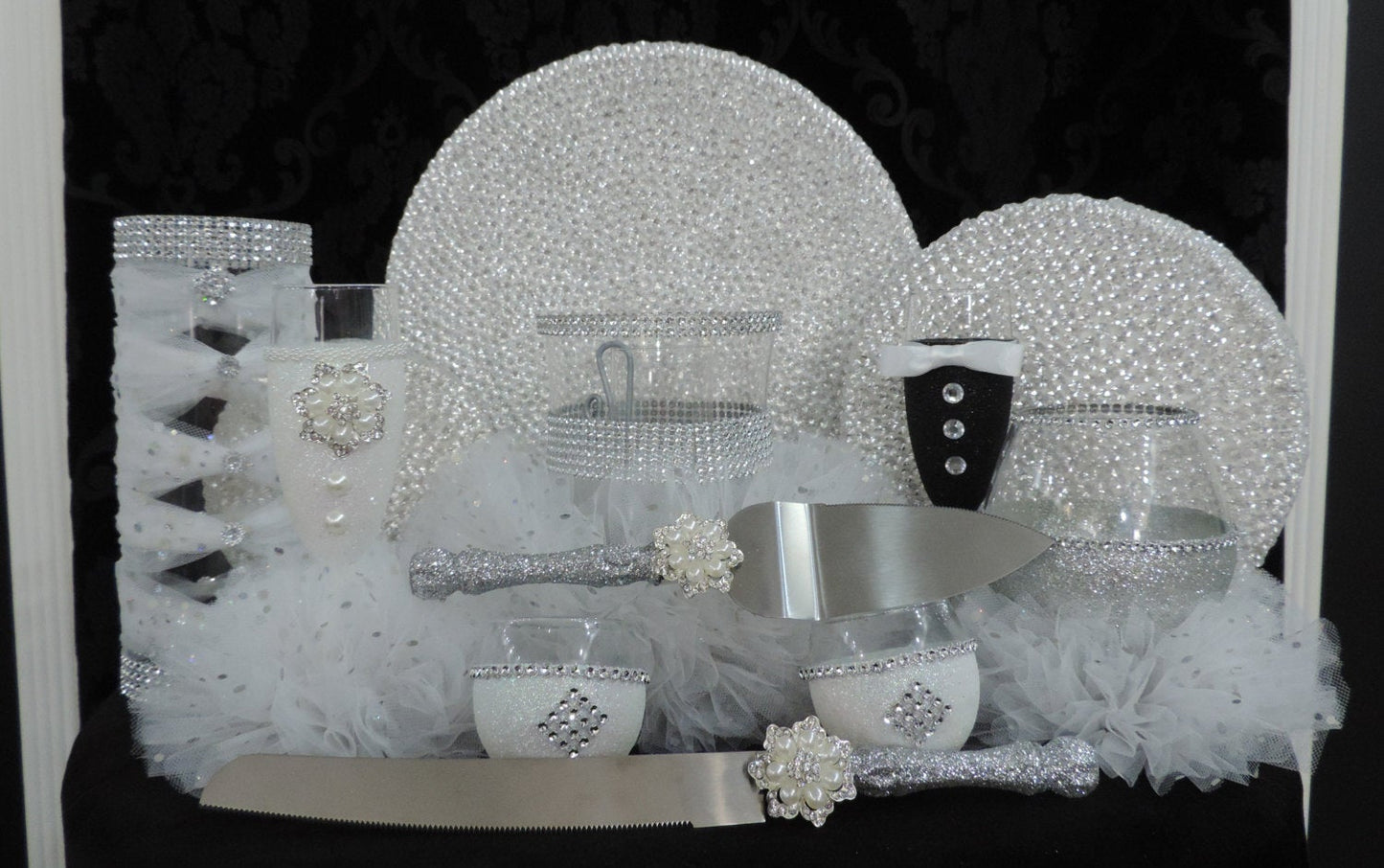 Cake Server Set - Silver Glitter with Pearl Flower