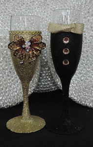Gold Glitter Wine Flute with Rhinestone Butterfly