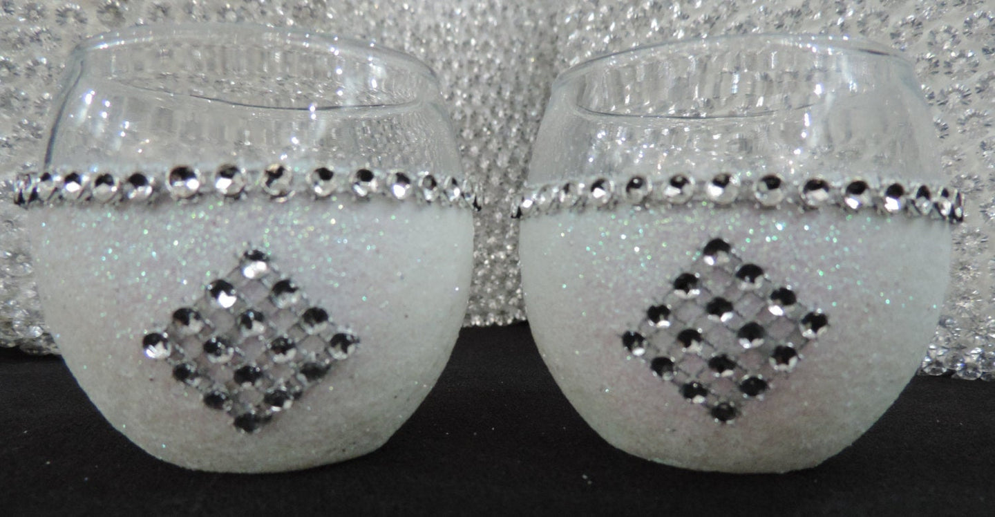 White Iridescent Glitter Candle Holders - Set of 4