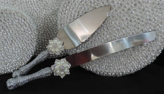 Cake Server Set - Silver Glitter with Pearl Flower